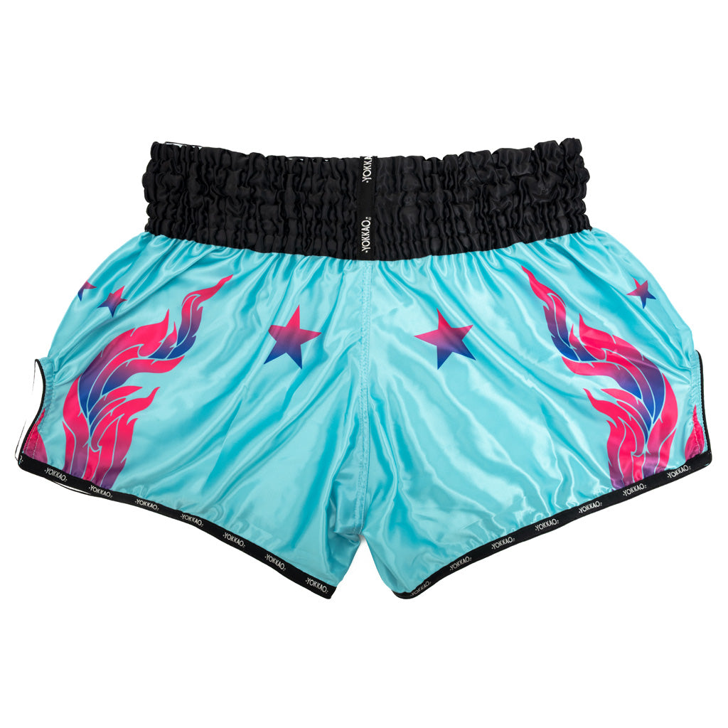 Muay Thai Turquoise Yokkao short with pink and purple flame designs and black waistband