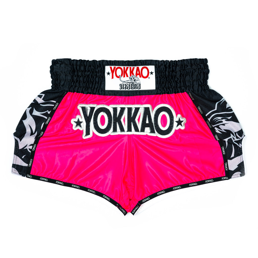 Black and Fucsia Yokkao shorts with branding on a white background